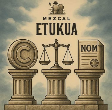  Ilustración de los tres pilares legales que protegen al mezcal: propiedad intelectual, regulaciones