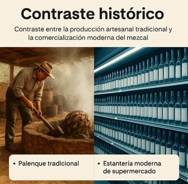 Diferencias visuales entre un palenque tradicional de mezcal artesanal y una estantería moderna 