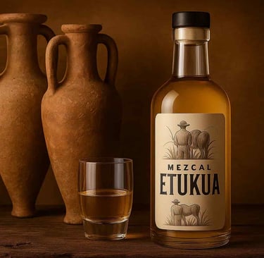  Anforas romanas antiguas junto a un vaso de mezcal artesanal Etukua, representando la conexión hist