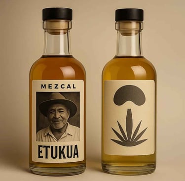 Comparación entre botella de mezcal con historia humana y botella genérica sin identidad.