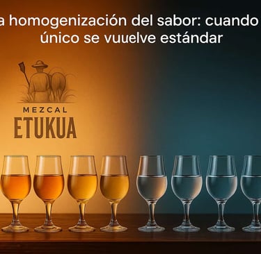 Comparación visual entre la diversidad de colores y sabores del mezcal artesanal y la uniformidad de