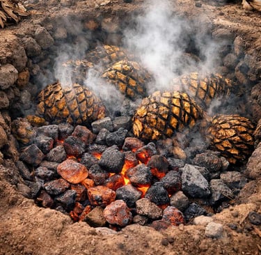Piedras volcánicas calientes dentro de un horno de tierra, con vapor saliendo de las piñas de agave.