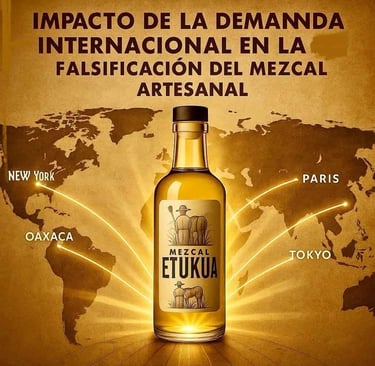  Mapa mundial estilizado con rutas de exportación que convergen en México, con una botella de mezcal