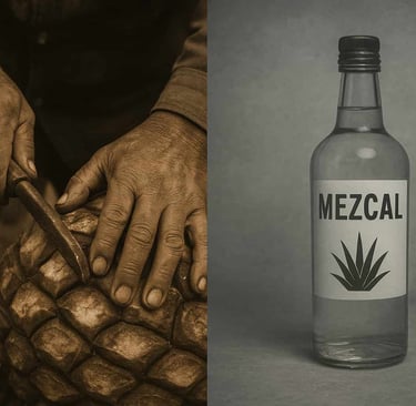  Imagen conceptual que contrasta las manos de un maestro mezcalero trabajando con una botella falsif