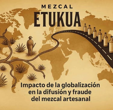 Mapa mundial mostrando rutas de comercio global de mezcal artesanal auténtico versus mezcal industri