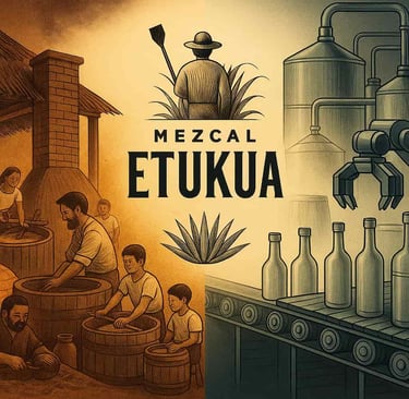 Comparación visual entre un palenque artesanal familiar y una producción industrial de mezcal