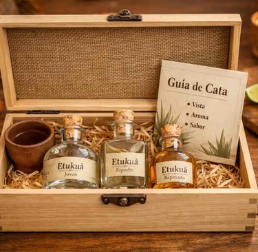 Caja de madera elegante abierta, mostrando tres frascos pequeños de vidrio con diferentes mezcales a