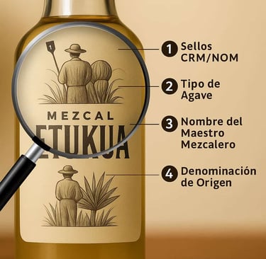 Imagen de una lupa sobre la etiqueta de una botella de mezcal, destacando cuatro puntos cruciales: s