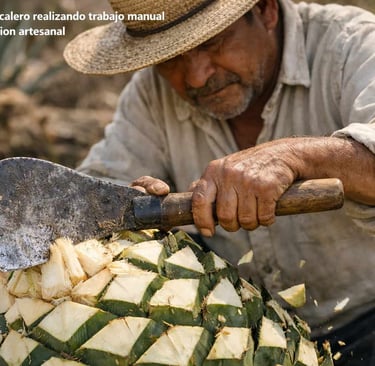 Artesano mezcalero cortando piña de agave con herramienta tradicional