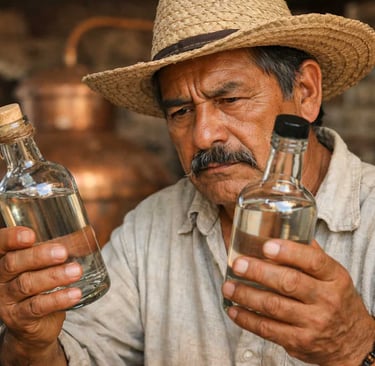Maestro mezcalero con expresión seria comparando una botella auténtica con una falsa entre sus manos