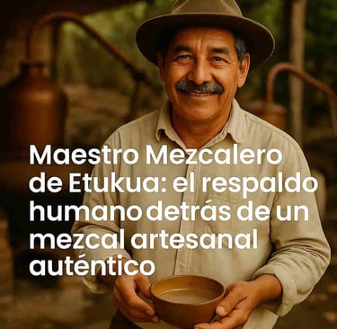 Retrato del maestro mezcalero de Etukua en su palenque, representando la calidad y tradición 