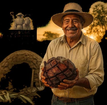 Maestro mezcalero de Etukua sonriendo mientras muestra un corazón de agave cocido en las manos, en 