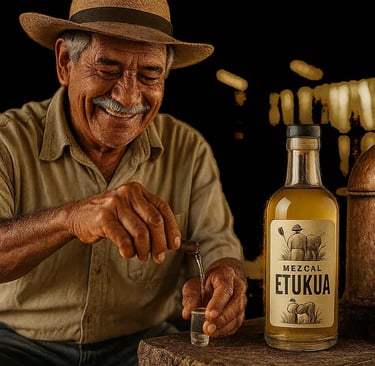 Maestro mezcalero en palenque mostrando el proceso de destilación con transparencia y autenticidad