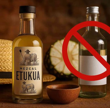 Botella de mezcal artesanal Etukua genuina junto a elementos tradicionales como un sombrero de palma