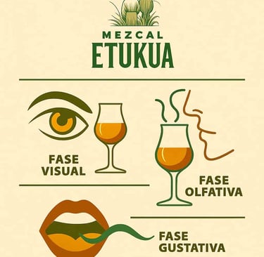 Infografía que muestra los tres pasos del análisis sensorial: vista, olfato y gusto para evaluar mez