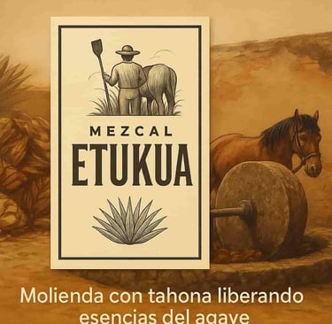 Tahona de piedra tirada por caballo moliendo agave cocido