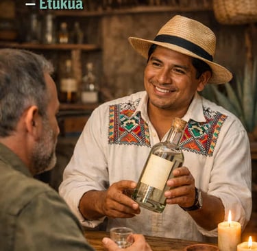  Persona mostrando una botella de mezcal artesanal a un cliente en un entorno cálido y cercano