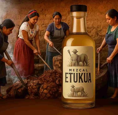 Grupo de mujeres trabajando en palenque tradicional con herramientas artesanales