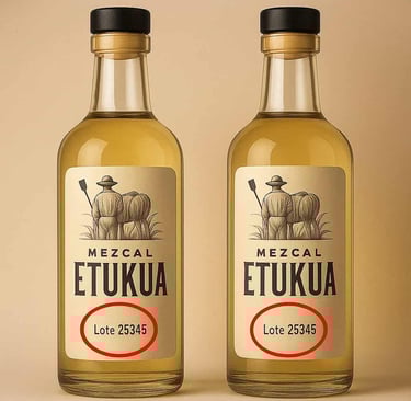 Dos botellas de mezcal side-by-side con los mismos números de lote circulados en rojo, evidenciando 