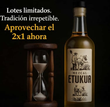 Reloj de arena junto a una botella de mezcal Etukua, simbolizando la oferta por tiempo limitado