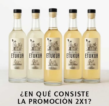 Composición de tres conjuntos de dos botellas de diferentes mezcales Etukua cada uno, mostrando la 