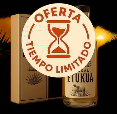  Banner circular con reloj de arena indicando oferta por tiempo limitado en paquetes de mezcal Etuku