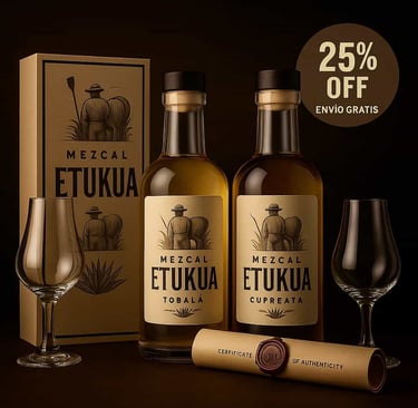 Paquete connoisseur Etukua con botellas de Tobalá y Cupreata de 500ml junto a copas tulipán y certif
