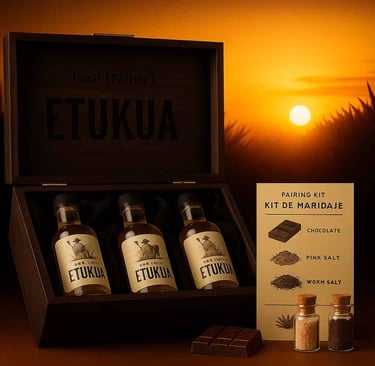 Caja de regalo de madera Etukua abierta mostrando tres botellas pequeñas, kit de maridaje y tarjeta 