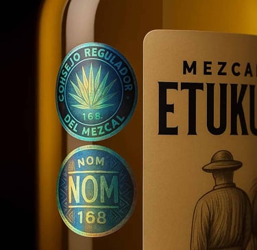 Primer plano extremadamente detallado de sellos holográficos oficiales CRT y NOM en botella de mezca