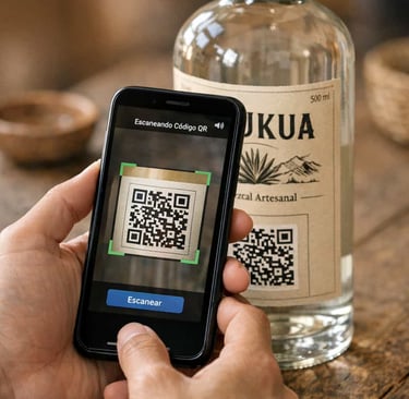 Persona sosteniendo smartphone que escanea código QR de botella de mezcal artesanal Etukua sobre mes
