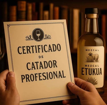 Manos sosteniendo un certificado de catador profesional, con una biblioteca de libros sobre mezcal y