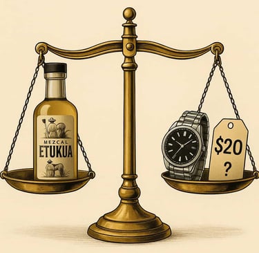 Balanza comparando precios de productos auténticos vs falsificados en industrias de lujo