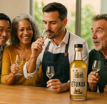 Grupo diverso de personas sonriendo mientras participan en una cata guiada de mezcal artesanal Etuku
