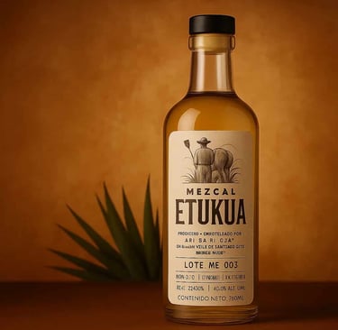 Contraetiqueta de mezcal mostrando información detallada de productor, número de lote y registros 