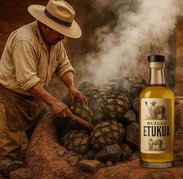 Maestro mezcalero revolviendo las piñas de maguey en un horno de tierra tradicional (palenque)