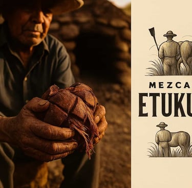 Manos expertas de maestro mezcalero revisando maguey cocido en horno de tierra, mostrando autenticid