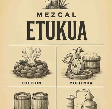 Ilustración que muestra las etapas del proceso artesanal del mezcal