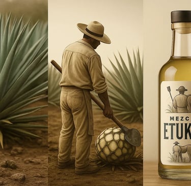 Ilustración de un jimador trabajando en un campo de agave, cortando una piña con una coa.