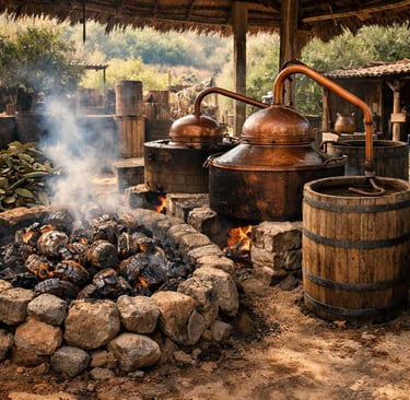  Horno de tierra y alambiques de cobre utilizados en la producción artesanal de mezcal.