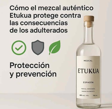 Alt text: Infografía de síntomas por consumo de mezcal adulterado: dolor cabeza, náuseas, visión