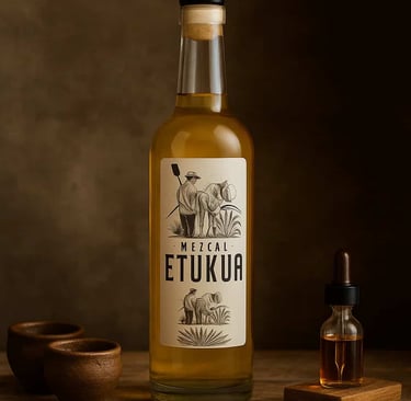  Botella de mezcal Etukua acompañada de un juego de copas de barro y un accesorio de gotero, sobre 