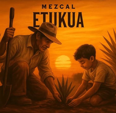 Maestro mezcalero enseñando a un niño a plantar maguey, representando esperanza y continuidad.Maestr