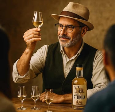 Sommelier profesional explicando las características de un mezcal artesanal Etukua durante una cata 