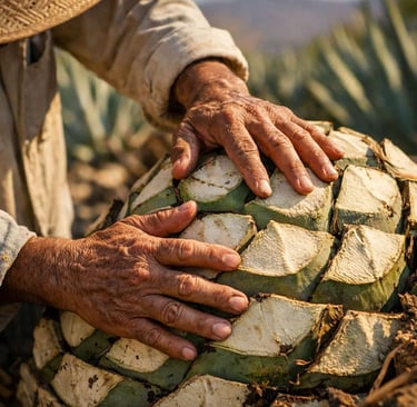 Manos expertas palpando una piña de agave madura bajo el so