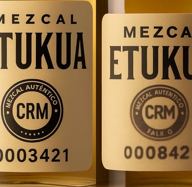 Comparación en primer plano de un sello CRM de mezcal auténtico y nítido (como el de Etukua) versus 