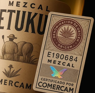 Close-up de sellos oficiales auténticos de mezcal mostrando elementos de seguridad