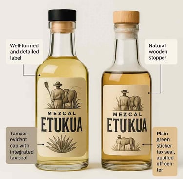 Close-up de sellos oficiales Denominación de Origen Mezcal y orgánico en botella de mezcal artesanal