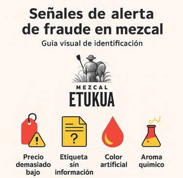 Infografía titulada ‘Señales de alerta de fraude en mezcal’. Incluye cuatro iconos con advertencias: