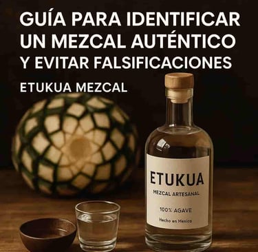 Botella de mezcal artesanal Etukua y copas sobre mesa de madera, representando autenticidad