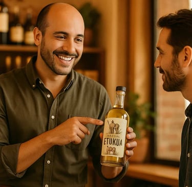 Sommelier sonriente manteniendo contacto visual con un cliente, explicando una botella de mezcal 